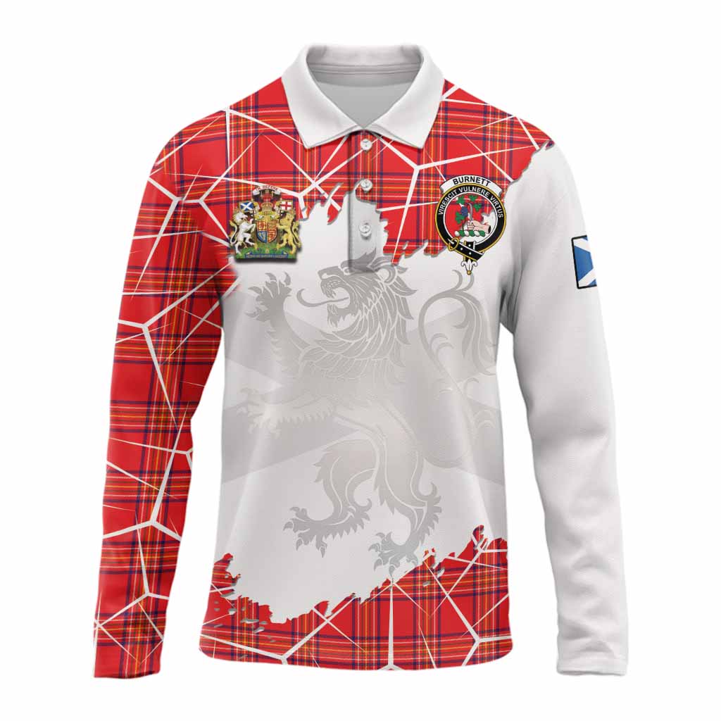 Burnett Tartan Long Sleeve Polo Shirt with Family Crest and Lion Rampant Grunge Style