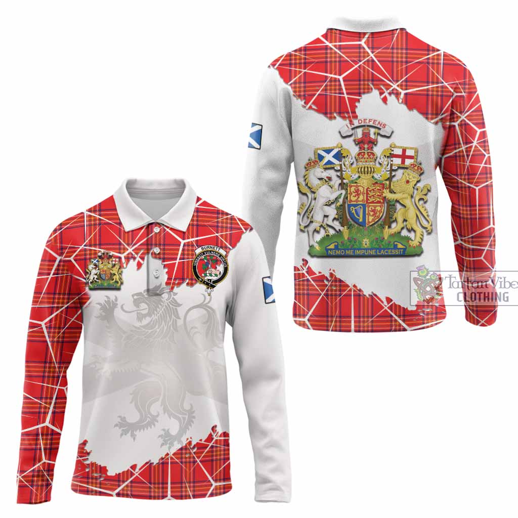 Burnett Tartan Long Sleeve Polo Shirt with Family Crest and Lion Rampant Grunge Style