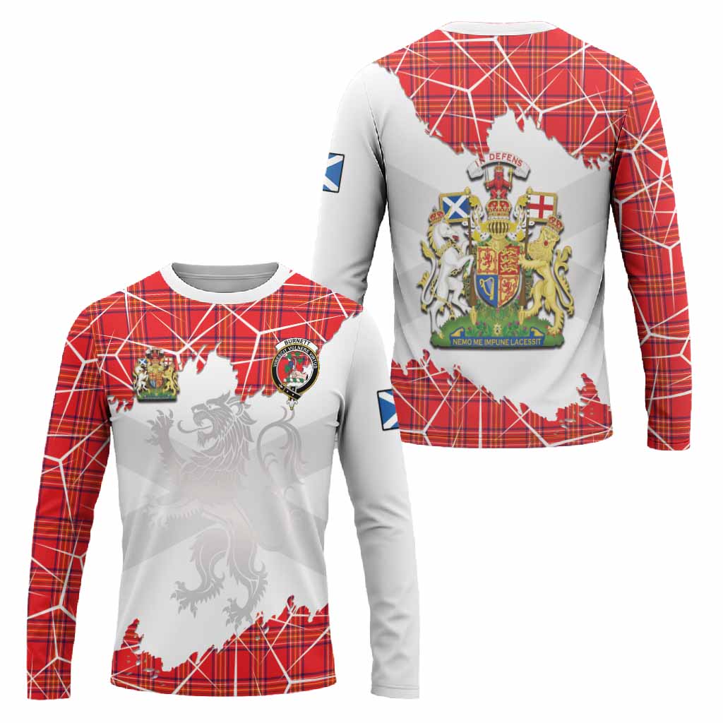 Burnett Tartan Long Sleeve T-Shirt with Family Crest and Lion Rampant Grunge Style