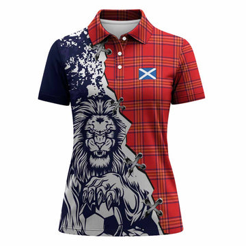 Burnett Tartan Scottish Women Polo Shirt Angry Lion With Soccer Ball Style