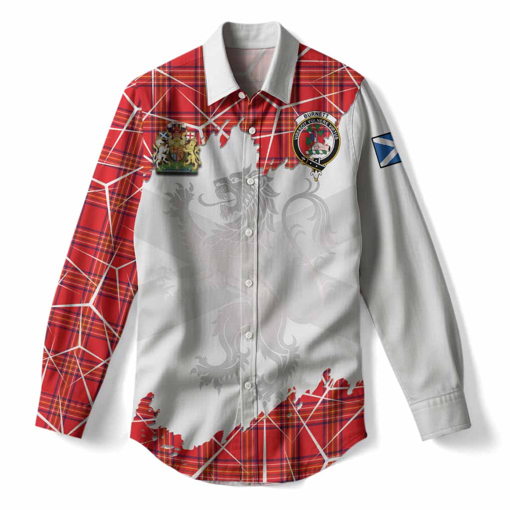 Burnett Tartan Women Casual Shirt with Family Crest and Lion Rampant Grunge Style