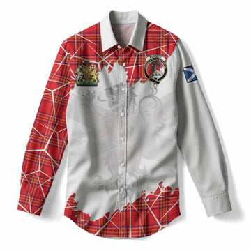 Burnett Tartan Women Casual Shirt with Family Crest and Lion Rampant Grunge Style