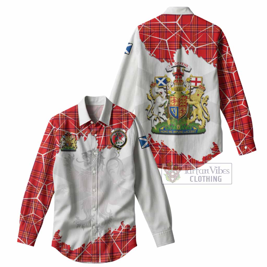 Burnett Tartan Women Casual Shirt with Family Crest and Lion Rampant Grunge Style
