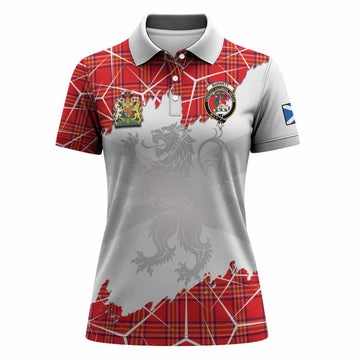 Burnett Tartan Women Polo Shirt with Family Crest and Lion Rampant Grunge Style