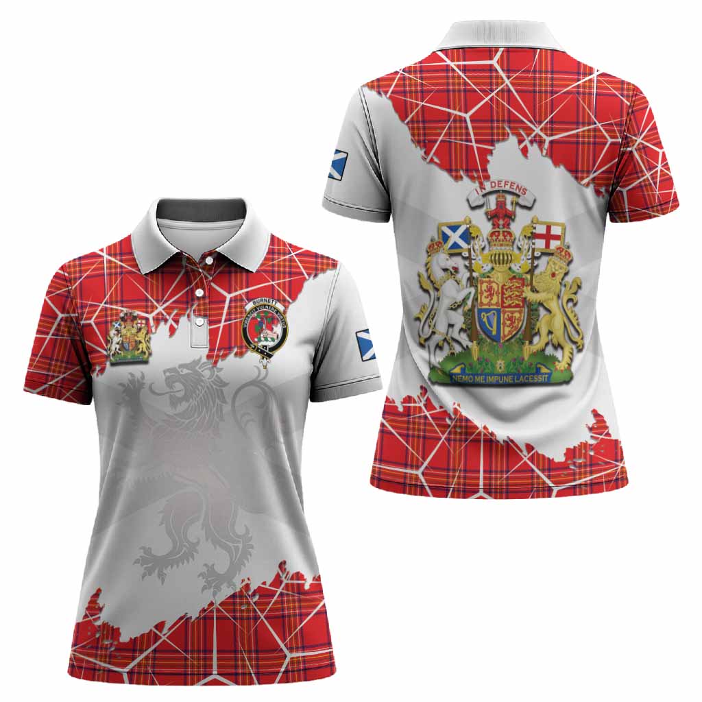 Burnett Tartan Women Polo Shirt with Family Crest and Lion Rampant Grunge Style