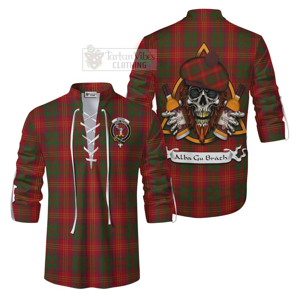 Tartan Vibes Clothing Burns Tartan Ghillie Kilt Shirt with Family Crest and Bearded Skull Holding Bottles of Whiskey