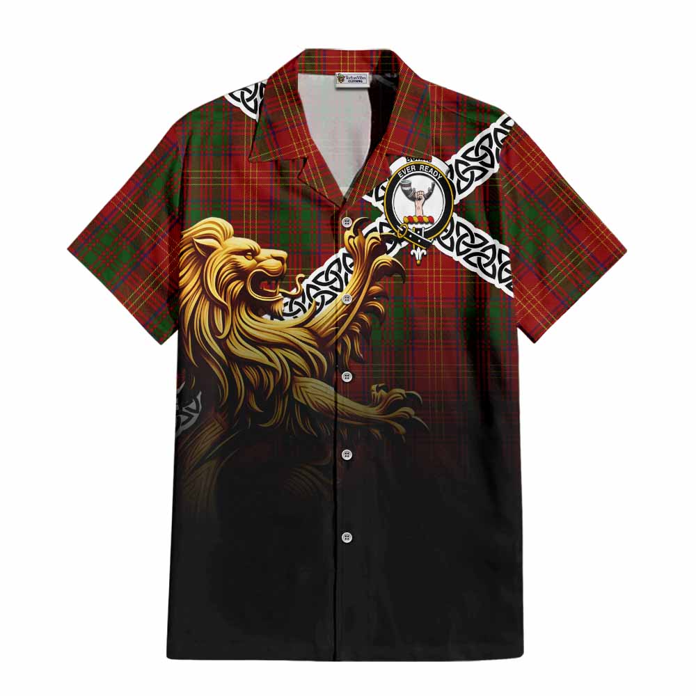 Tartan Vibes Clothing Burns Crest Tartan Short Sleeve Button Shirt with Golden Lion Emblem Celtic Style