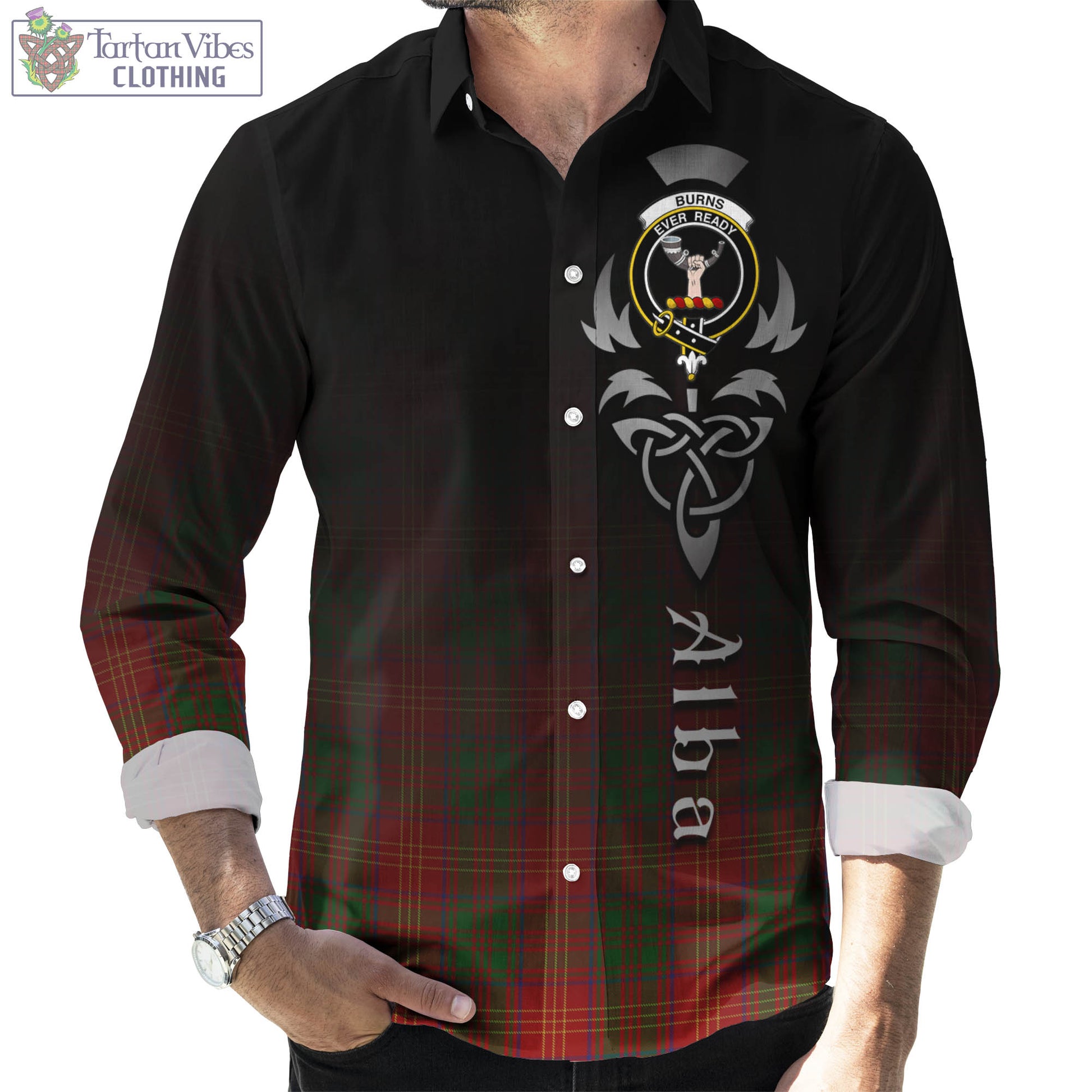Tartan Vibes Clothing Burns Tartan Long Sleeve Button Up Featuring Alba Gu Brath Family Crest Celtic Inspired