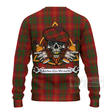 Tartan Vibes Clothing Burns Tartan Knitted Sweater with Family Crest and Bearded Skull Holding Bottles of Whiskey