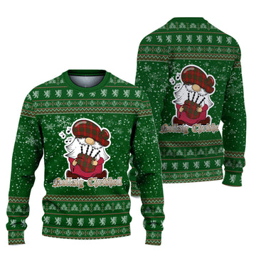 Burns Clan Christmas Family Knitted Sweater with Funny Gnome Playing Bagpipes Unisex Green - Tartanvibesclothing