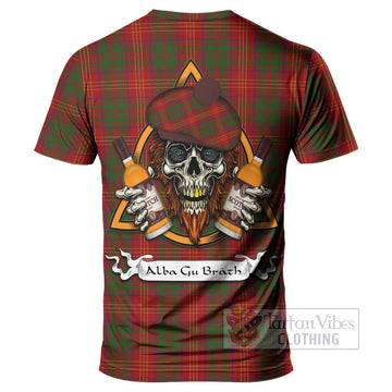 Tartan Vibes Clothing Burns Tartan T-Shirt with Family Crest and Bearded Skull Holding Bottles of Whiskey