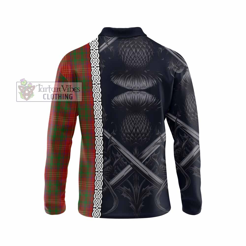 Tartan Vibes Clothing Burns Tartan Long Sleeve Polo Shirt with Family Crest Cross Sword Thistle Celtic Vibes