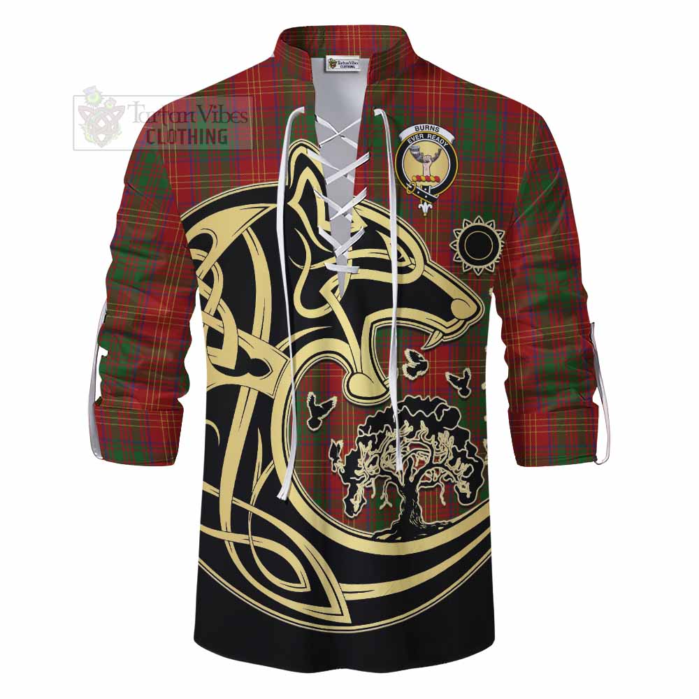 Tartan Vibes Clothing Burns Tartan Ghillie Kilt Shirt with Family Crest Celtic Wolf Style