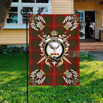 Tartan Vibes Clothing Burns Tartan Flag with Family Crest and Golden Thistle Crossed Sword Design