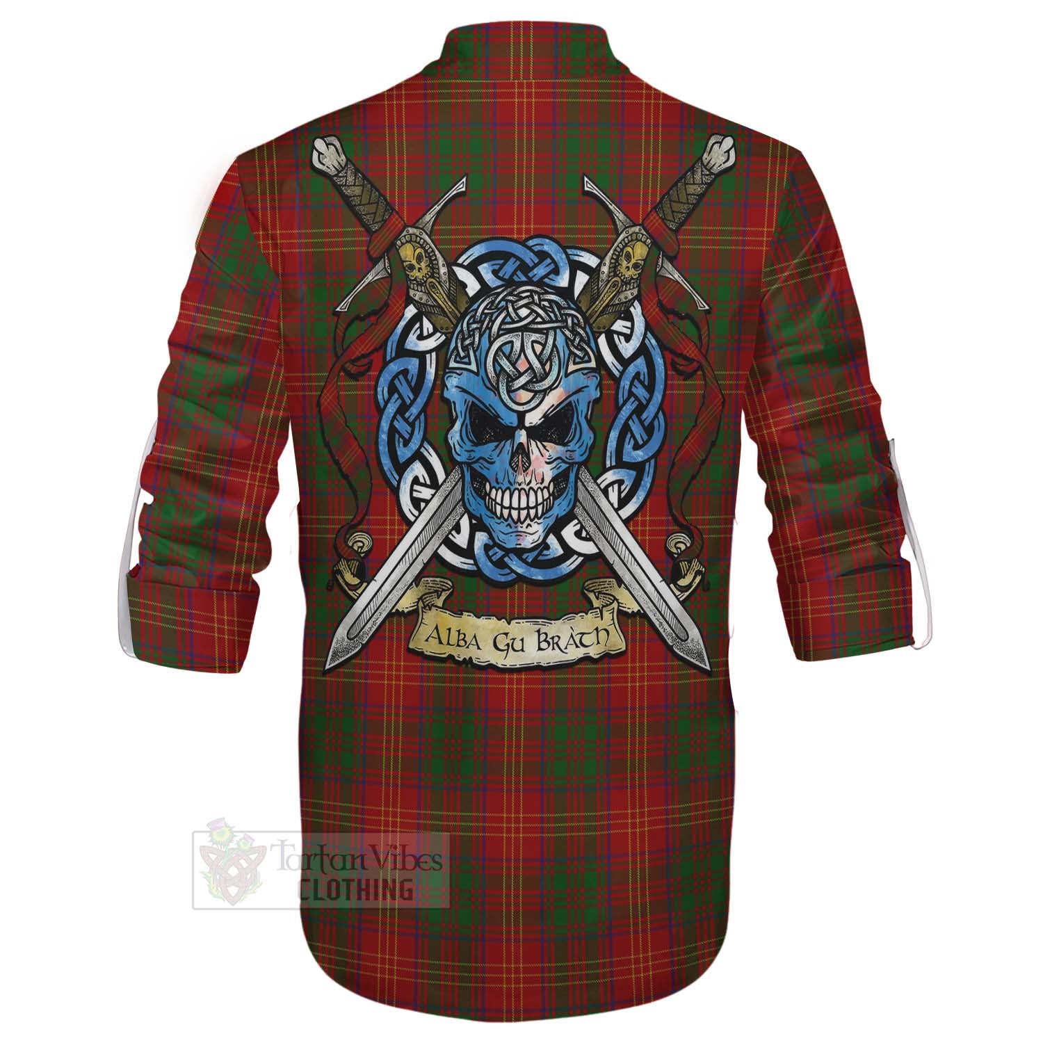 Tartan Vibes Clothing Burns Tartan Ghillie Kilt Shirt with Family Crest Celtic Skull Style