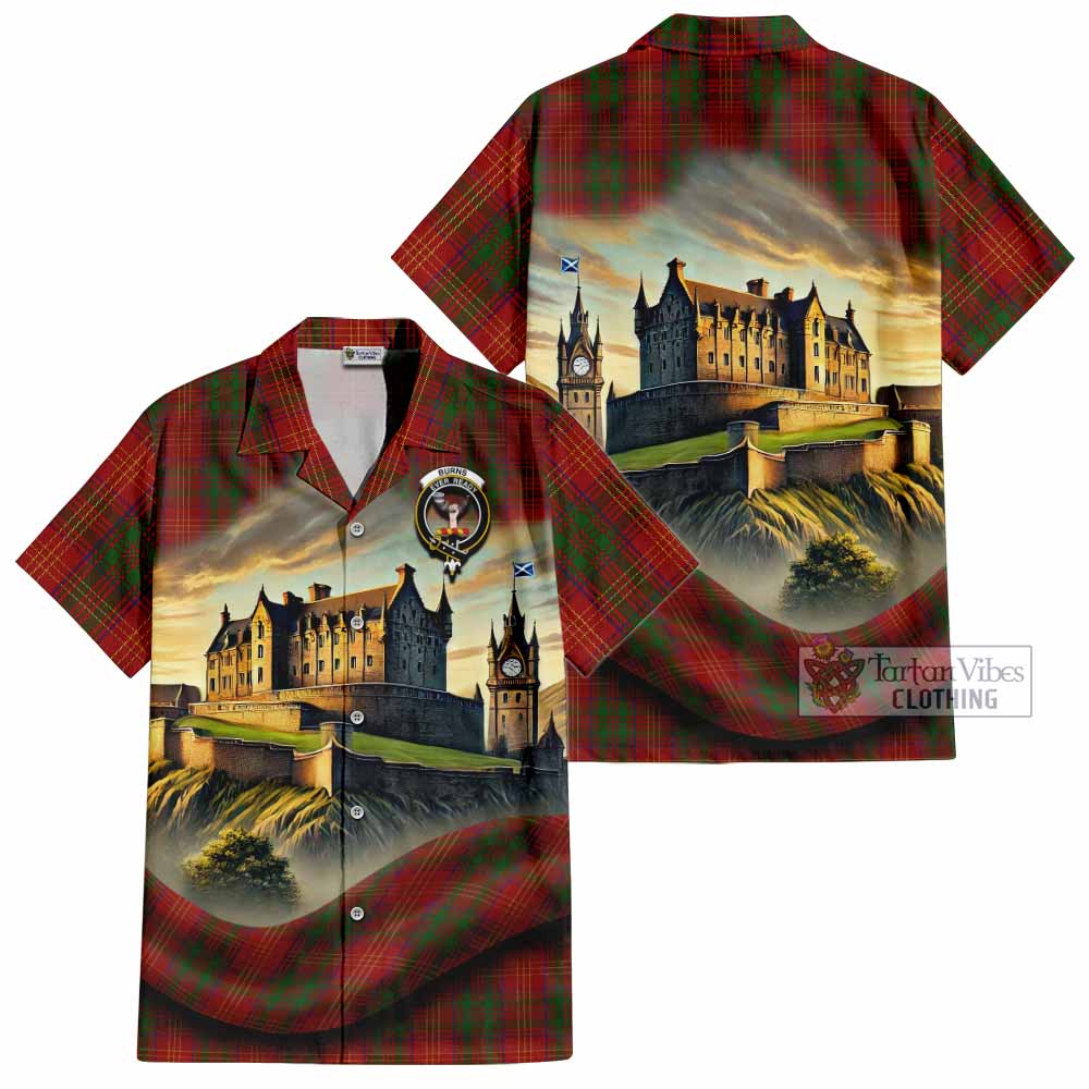 Tartan Vibes Clothing Burns Tartan Family Crest Short Sleeve Button Shirt with Scottish Ancient Castle Style