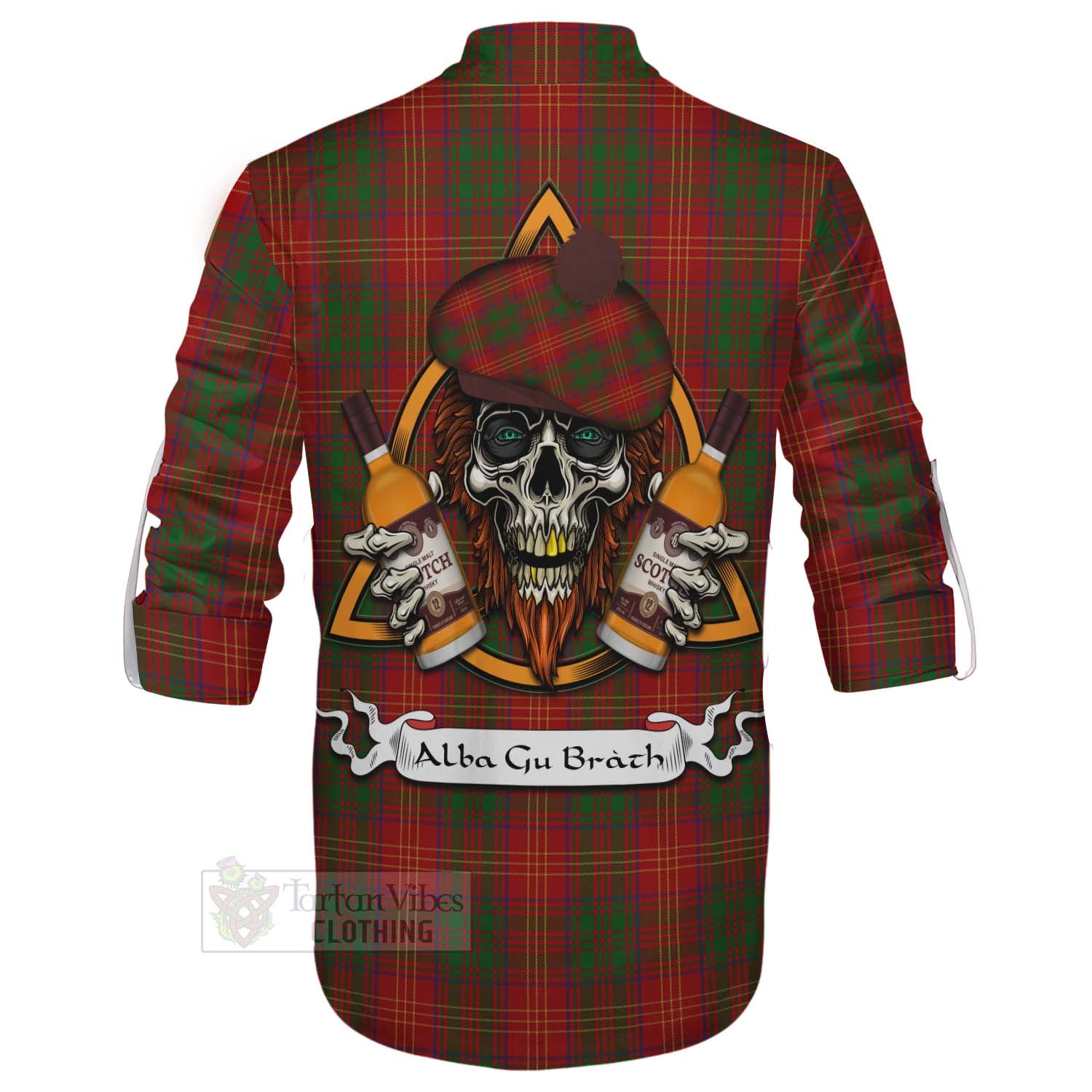 Tartan Vibes Clothing Burns Tartan Ghillie Kilt Shirt with Family Crest and Bearded Skull Holding Bottles of Whiskey