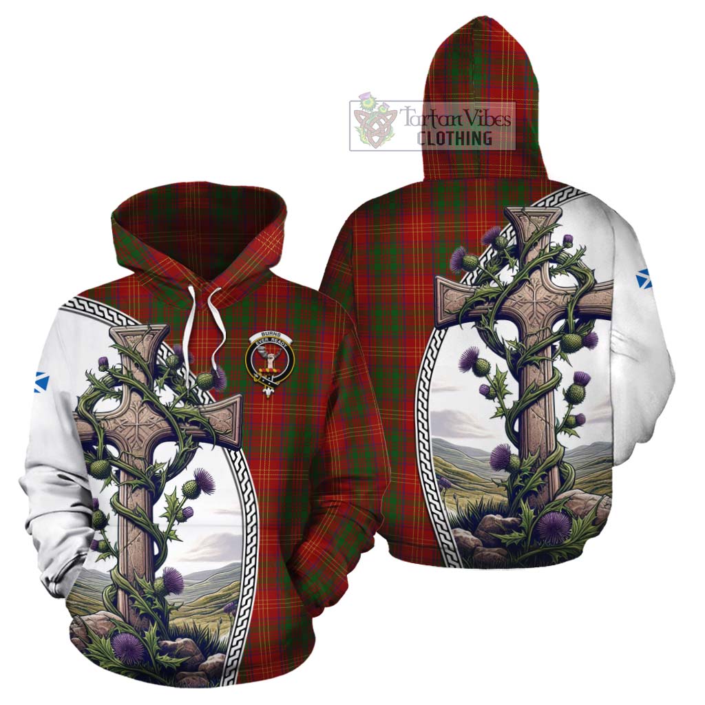 Tartan Vibes Clothing Burns Tartan Cotton Hoodie with Family Crest and St. Andrew's Cross Accented by Thistle Vines