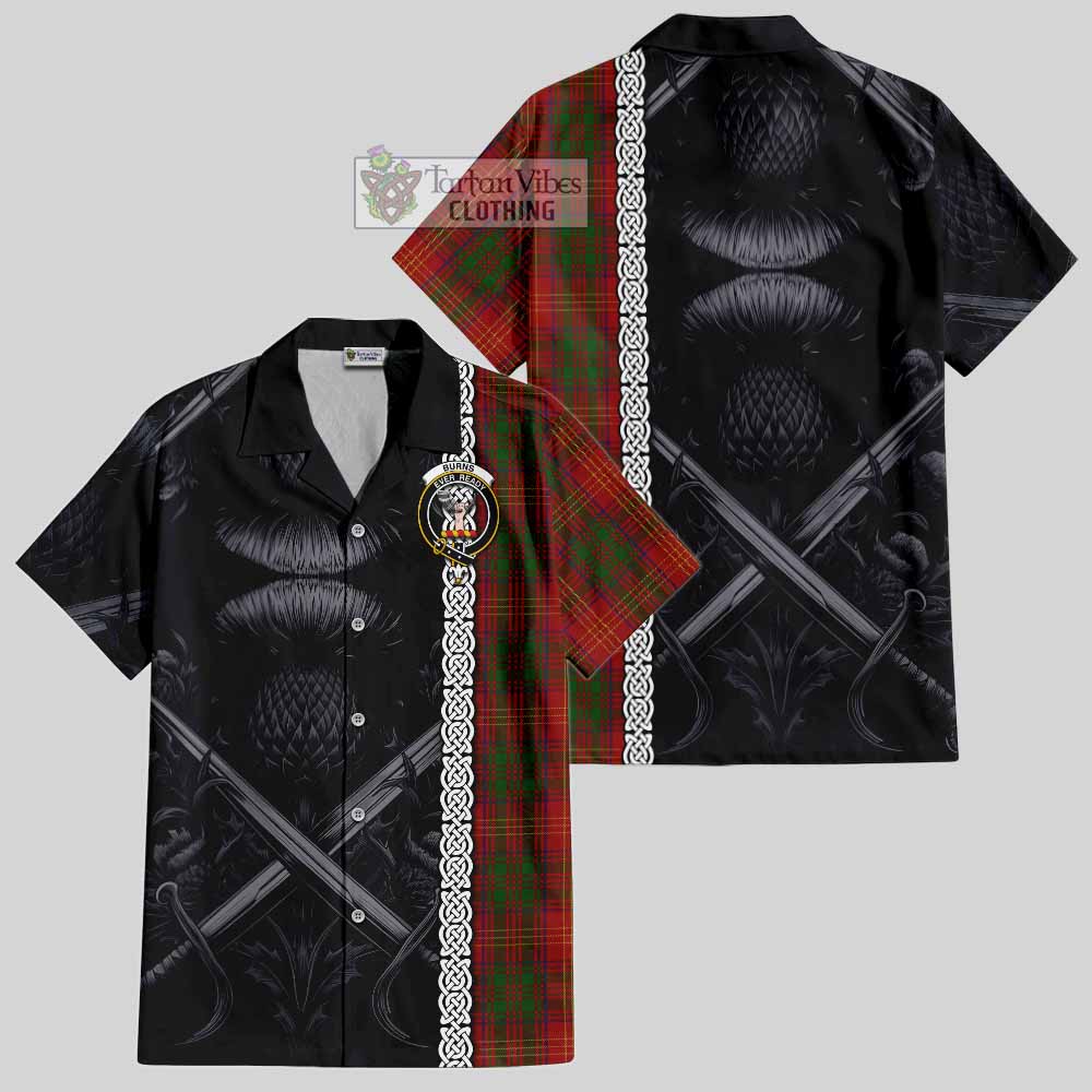 Tartan Vibes Clothing Burns Tartan Short Sleeve Button Shirt with Family Crest Cross Sword Thistle Celtic Vibes