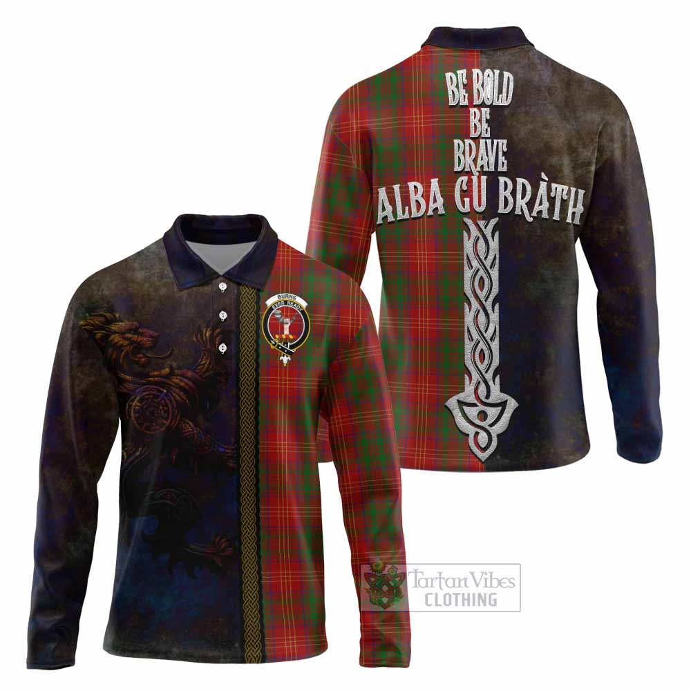 Tartan Vibes Clothing Burns Tartan Family Crest Long Sleeve Polo Shirt Alba Gu Brath Be Brave Lion Ancient Style