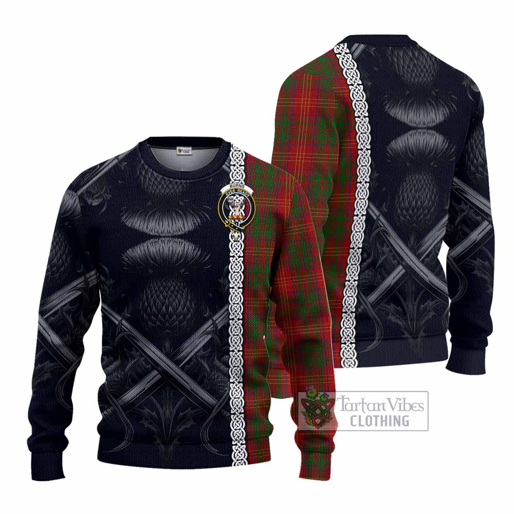 Tartan Vibes Clothing Burns Tartan Knitted Sweater with Family Crest Cross Sword Thistle Celtic Vibes