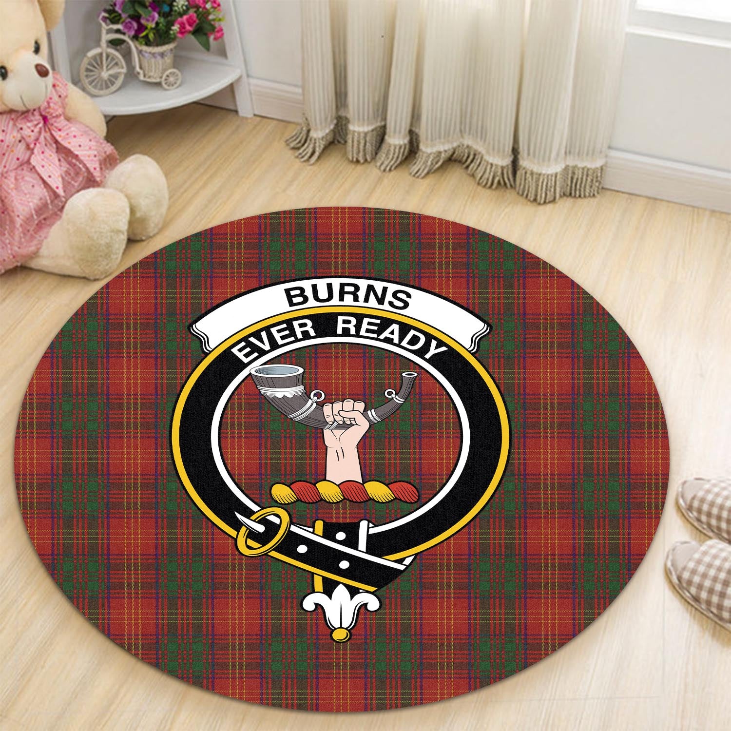 Burns Tartan Round Rug with Family Crest - Tartanvibesclothing