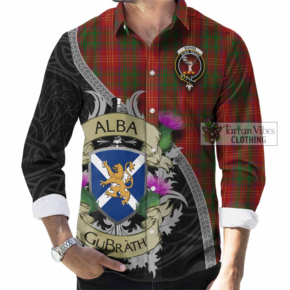 Tartan Vibes Clothing Burns Tartan Family Crest Long Sleeve Button Shirt Lion Rampant Royal Thistle Shield Celtic Inspired