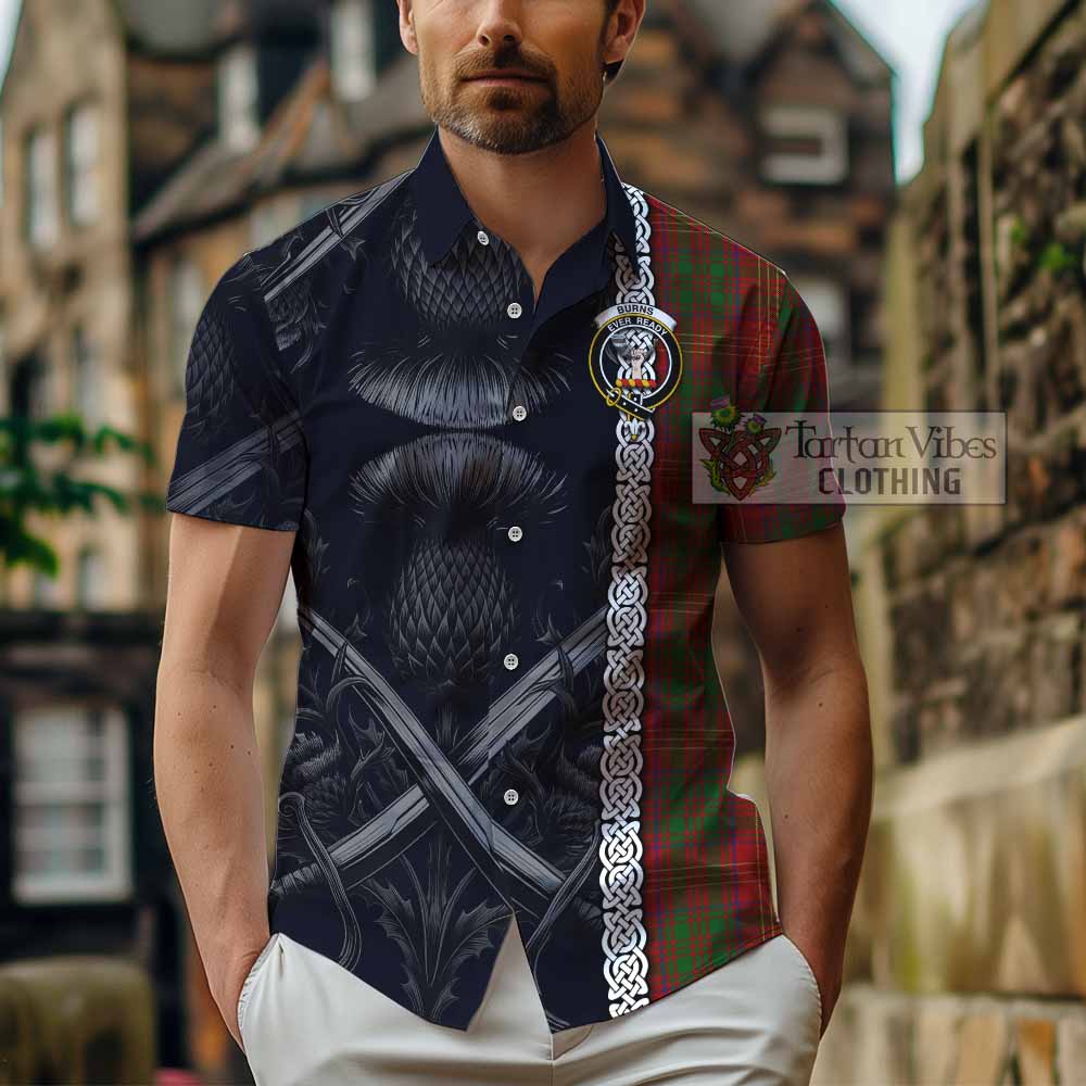Tartan Vibes Clothing Burns Tartan Short Sleeve Button Shirt with Family Crest Cross Sword Thistle Celtic Vibes