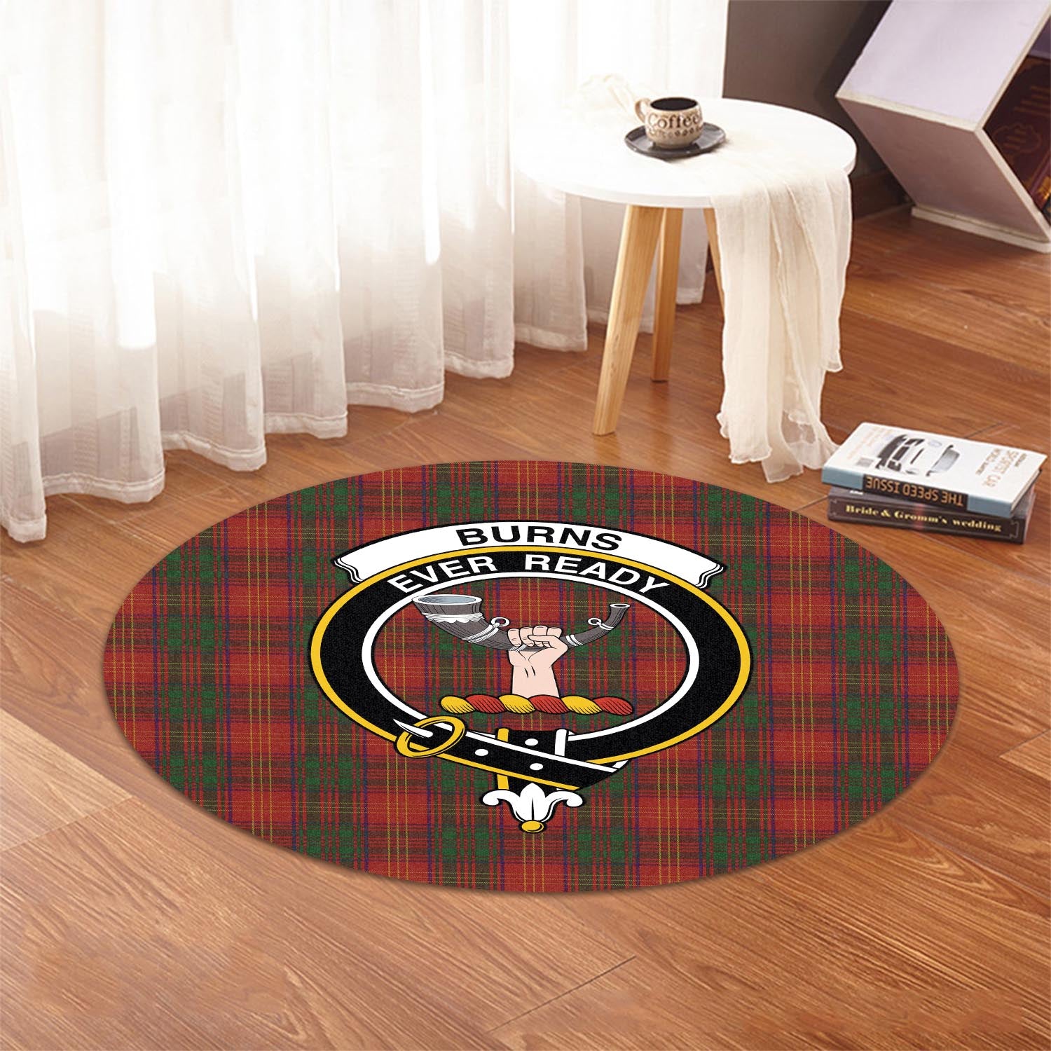 Burns Tartan Round Rug with Family Crest - Tartanvibesclothing