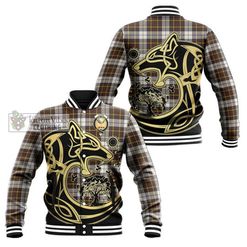 Burns Battalion Weathered Tartan Baseball Jacket with Family Crest Celtic Wolf Style