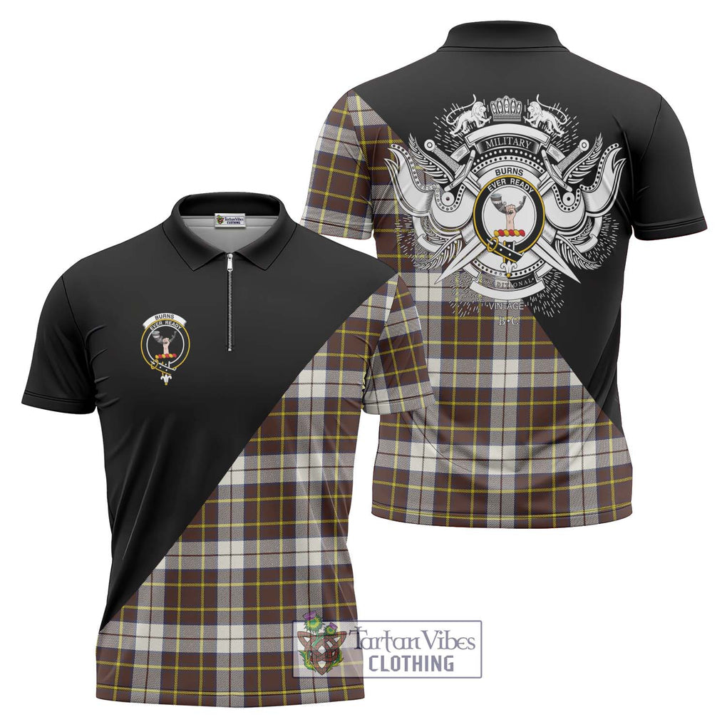 Burns Battalion Weathered Tartan Zipper Polo Shirt with Family Crest and Military Logo Style Unisex - Tartanvibesclothing Shop