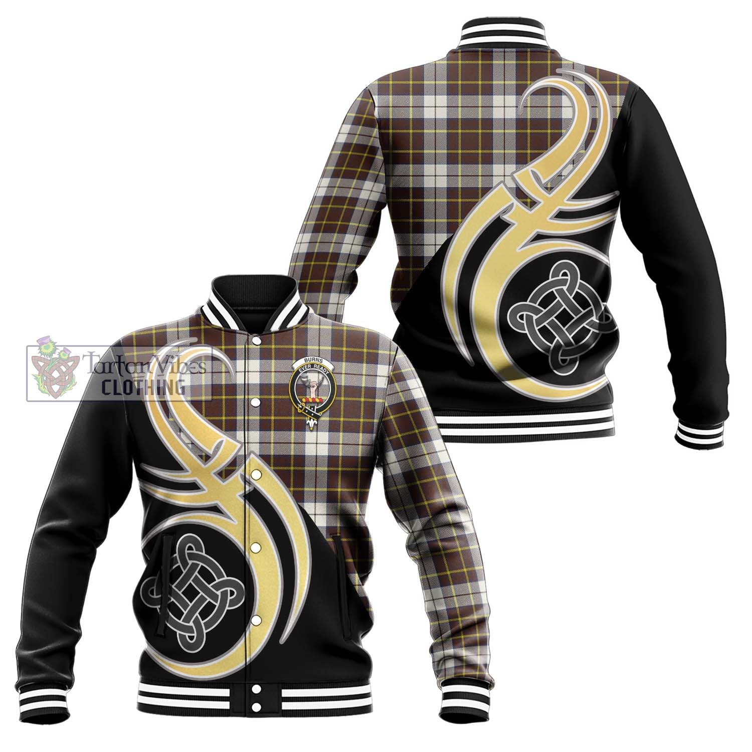 Burns Battalion Weathered Tartan Baseball Jacket with Family Crest and Celtic Symbol Style Unisex - Tartan Vibes Clothing