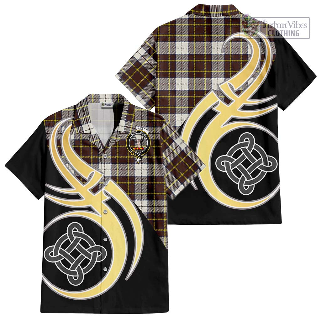 Burns Battalion Weathered Tartan Short Sleeve Button Shirt with Family Crest and Celtic Symbol Style - Tartan Vibes Clothing