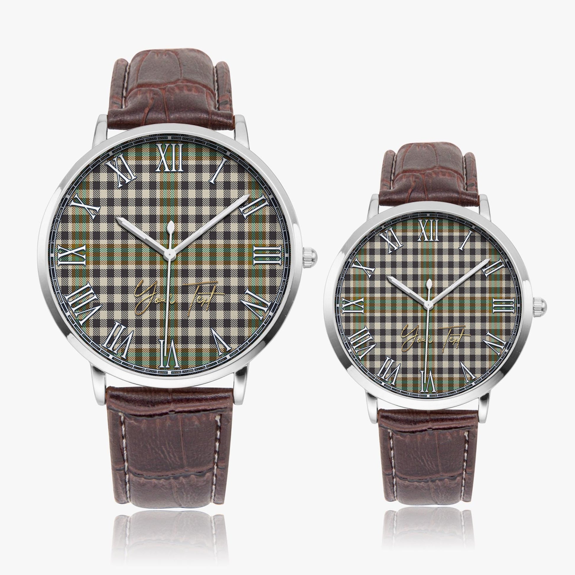 Burns Check Tartan Personalized Your Text Leather Trap Quartz Watch Ultra Thin Silver Case With Brown Leather Strap - Tartanvibesclothing