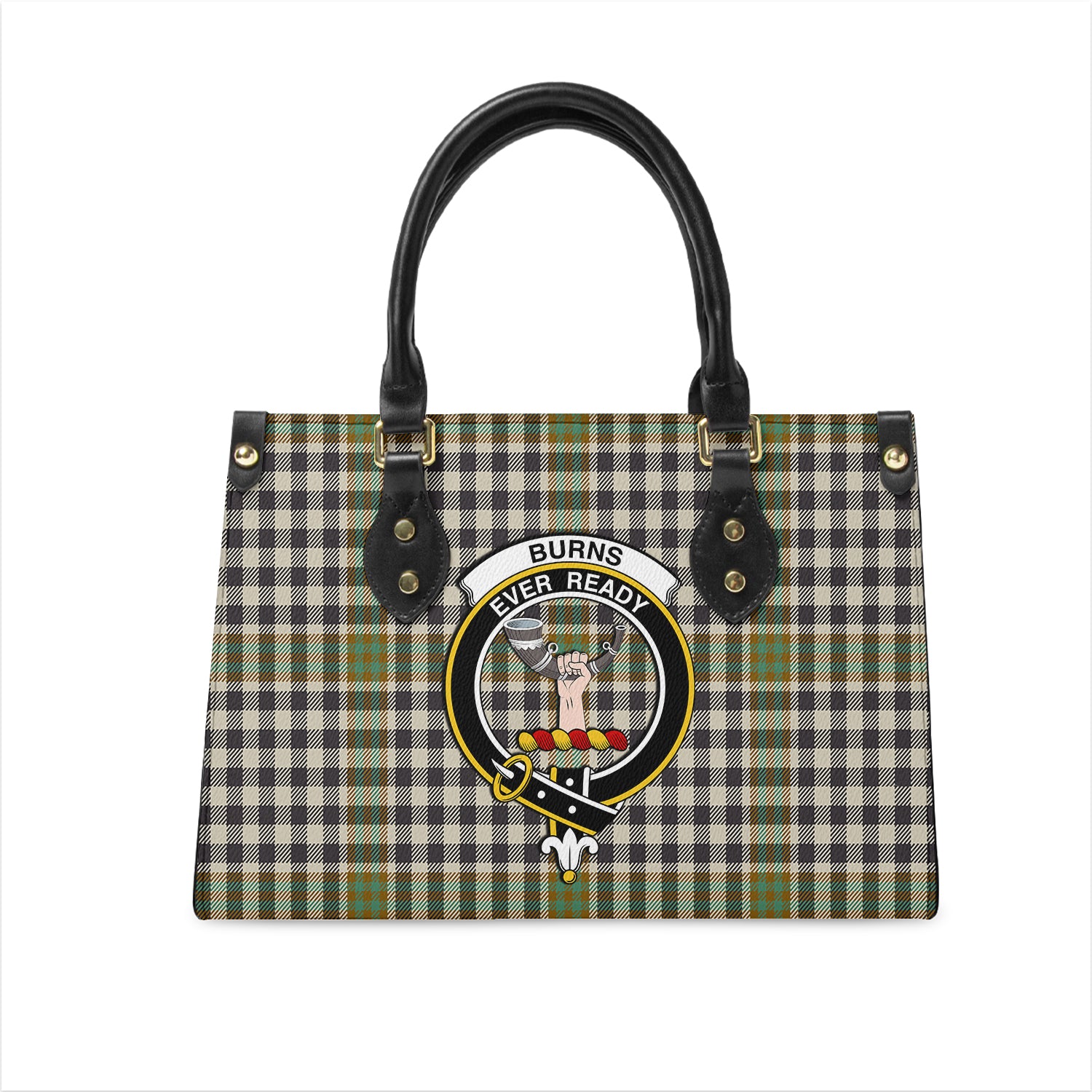 Burns Check Tartan Leather Bag with Family Crest One Size 29*11*20 cm