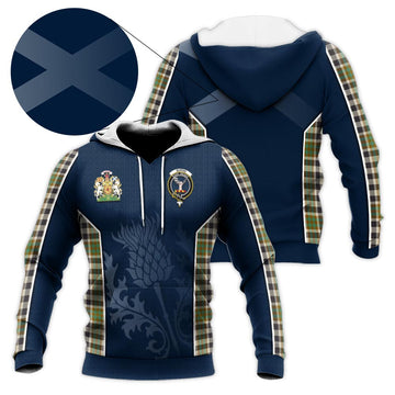 Burns Check Tartan Knitted Hoodie with Family Crest and Scottish Thistle Vibes Sport Style