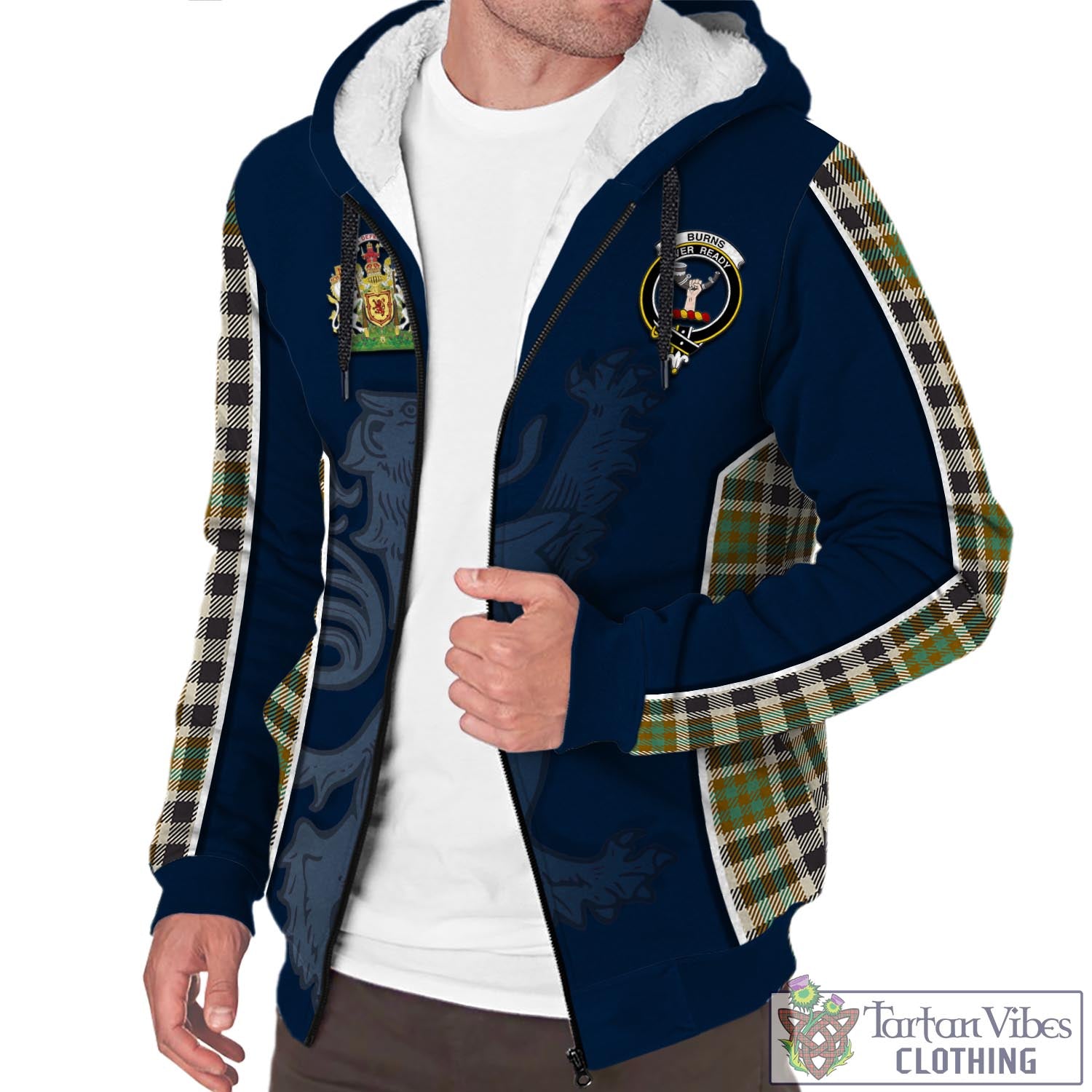 Tartan Vibes Clothing Burns Check Tartan Sherpa Hoodie with Family Crest and Lion Rampant Vibes Sport Style