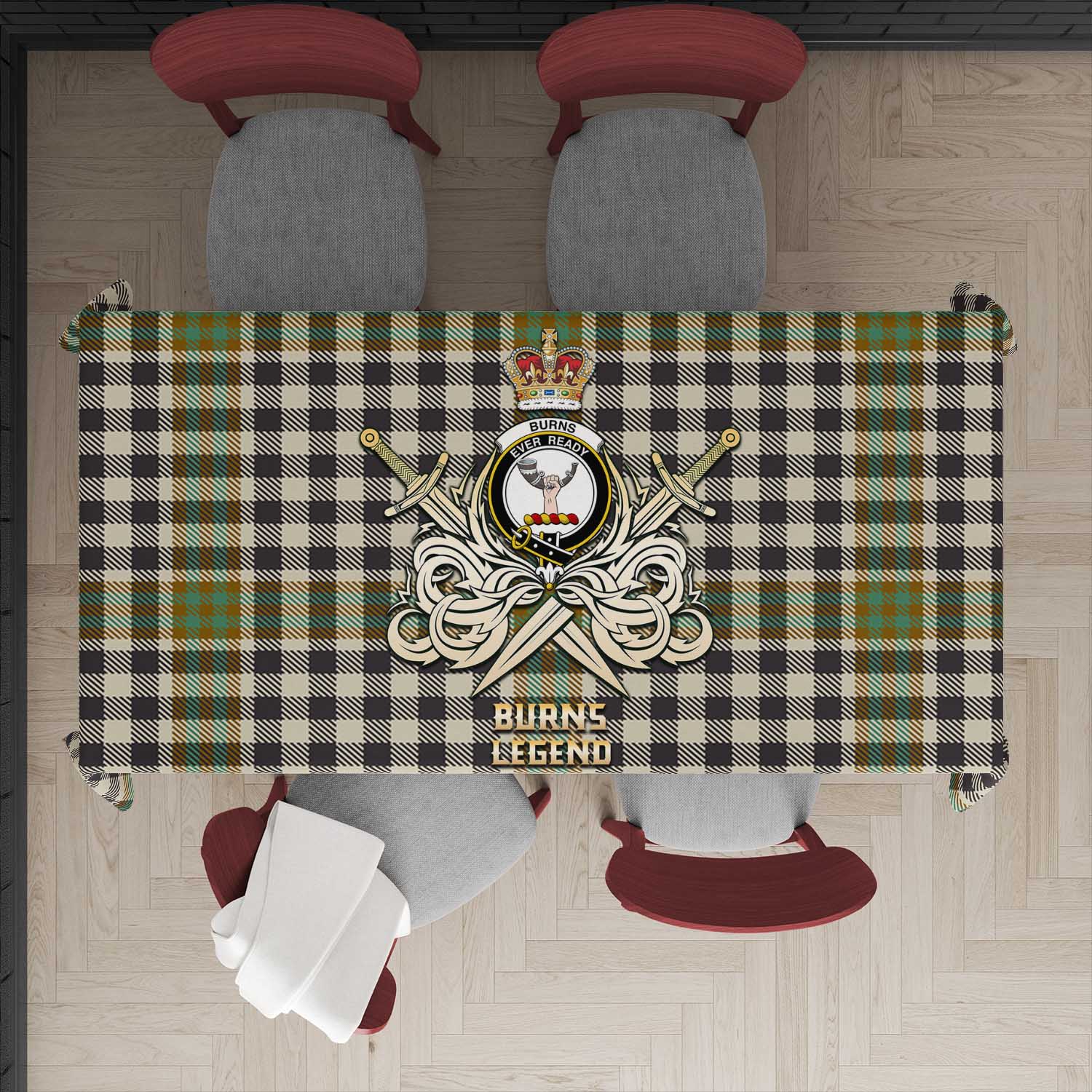 Tartan Vibes Clothing Burns Check Tartan Tablecloth with Clan Crest and the Golden Sword of Courageous Legacy
