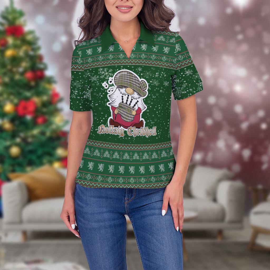 Burns Check Clan Christmas Family Polo Shirt with Funny Gnome Playing Bagpipes Women's Polo Shirt Green - Tartanvibesclothing