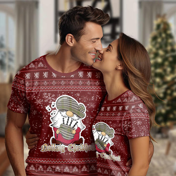 Burns Check Clan Christmas Family T-Shirt with Funny Gnome Playing Bagpipes