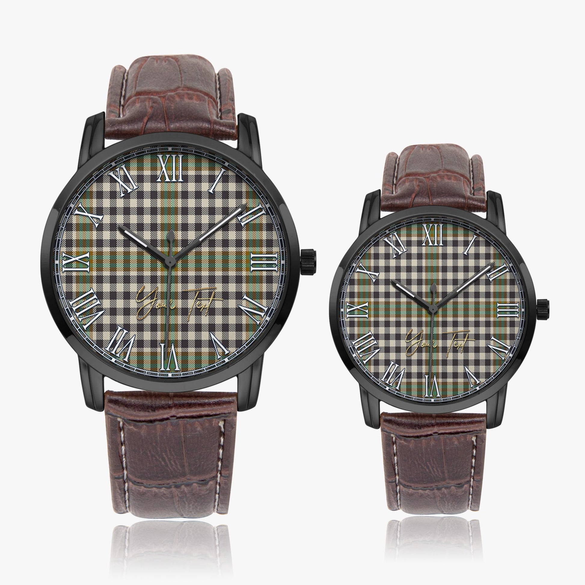 Burns Check Tartan Personalized Your Text Leather Trap Quartz Watch Wide Type Black Case With Brown Leather Strap - Tartanvibesclothing