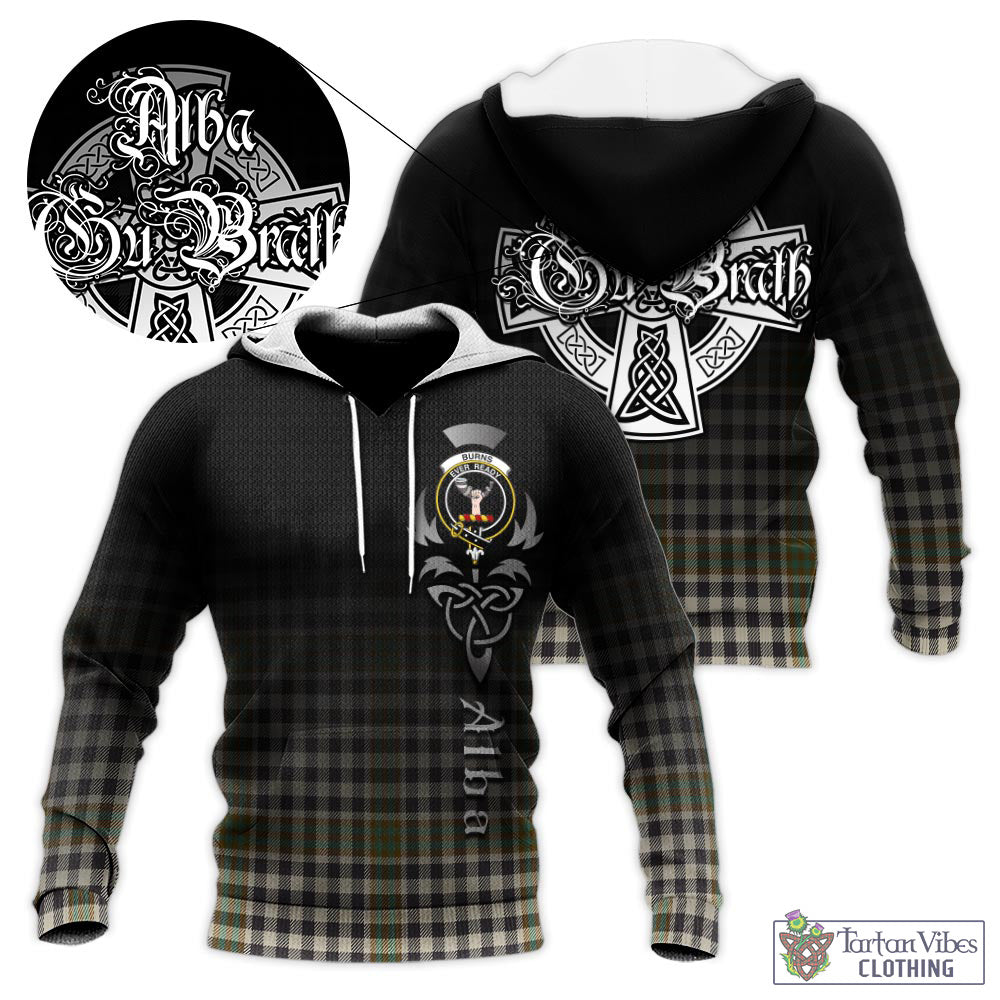 Tartan Vibes Clothing Burns Check Tartan Knitted Hoodie Featuring Alba Gu Brath Family Crest Celtic Inspired