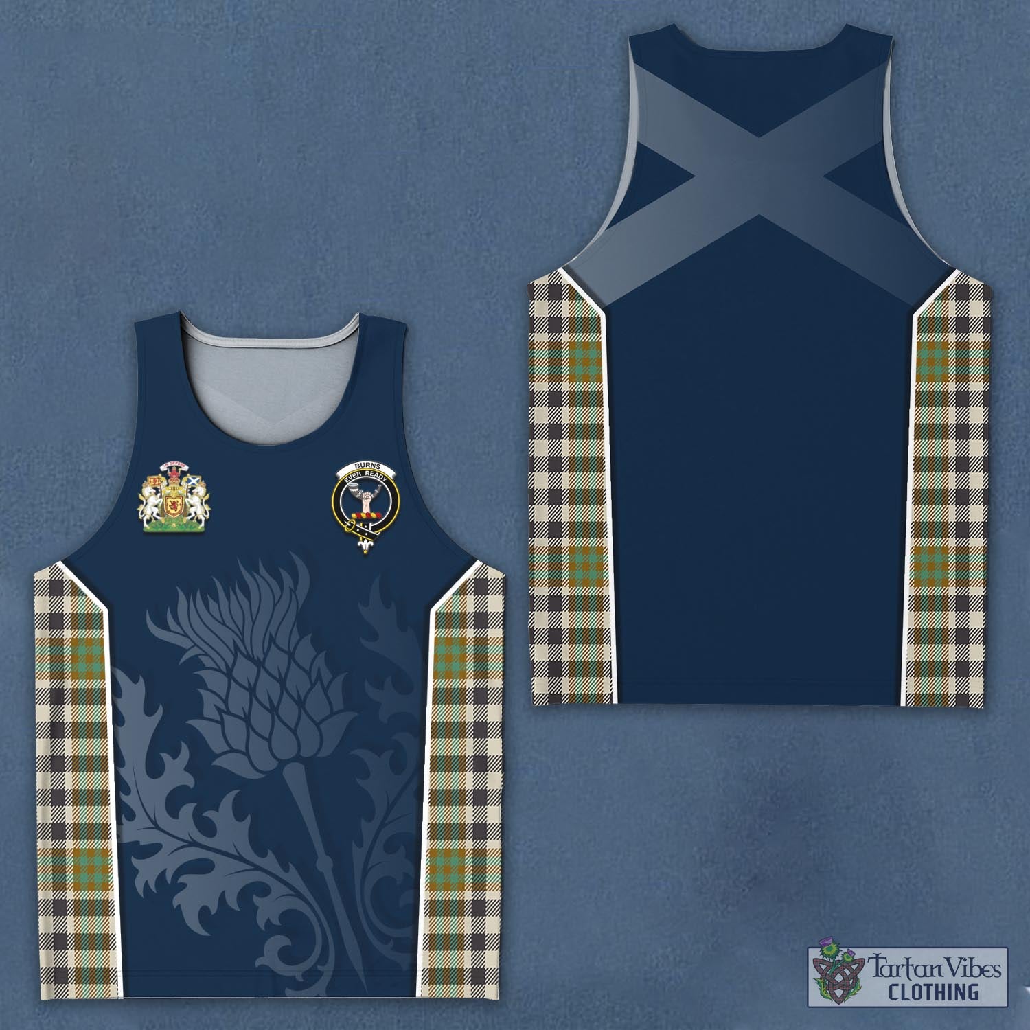 Tartan Vibes Clothing Burns Check Tartan Men's Tanks Top with Family Crest and Scottish Thistle Vibes Sport Style