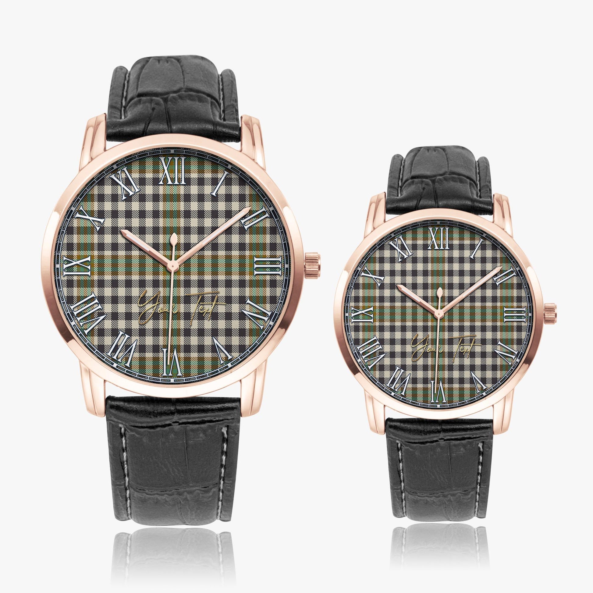 Burns Check Tartan Personalized Your Text Leather Trap Quartz Watch Wide Type Rose Gold Case With Black Leather Strap - Tartanvibesclothing