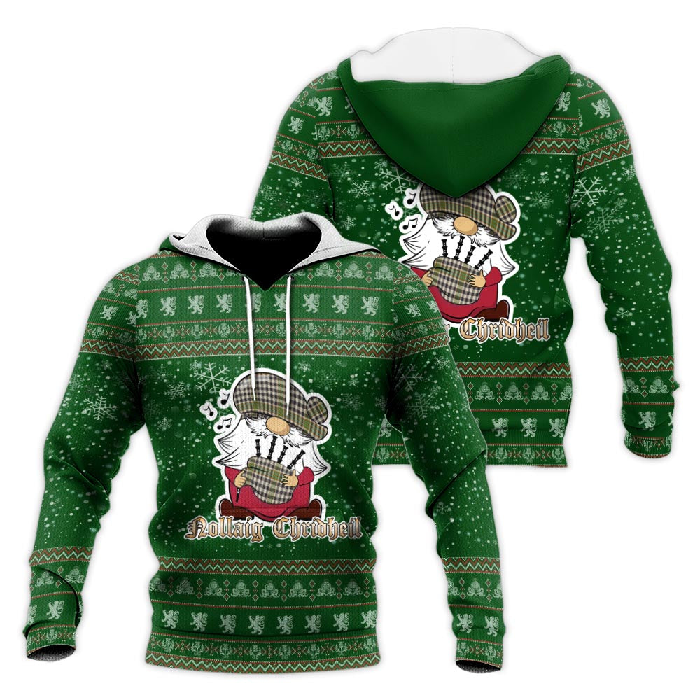 Burns Check Clan Christmas Knitted Hoodie with Funny Gnome Playing Bagpipes Green - Tartanvibesclothing