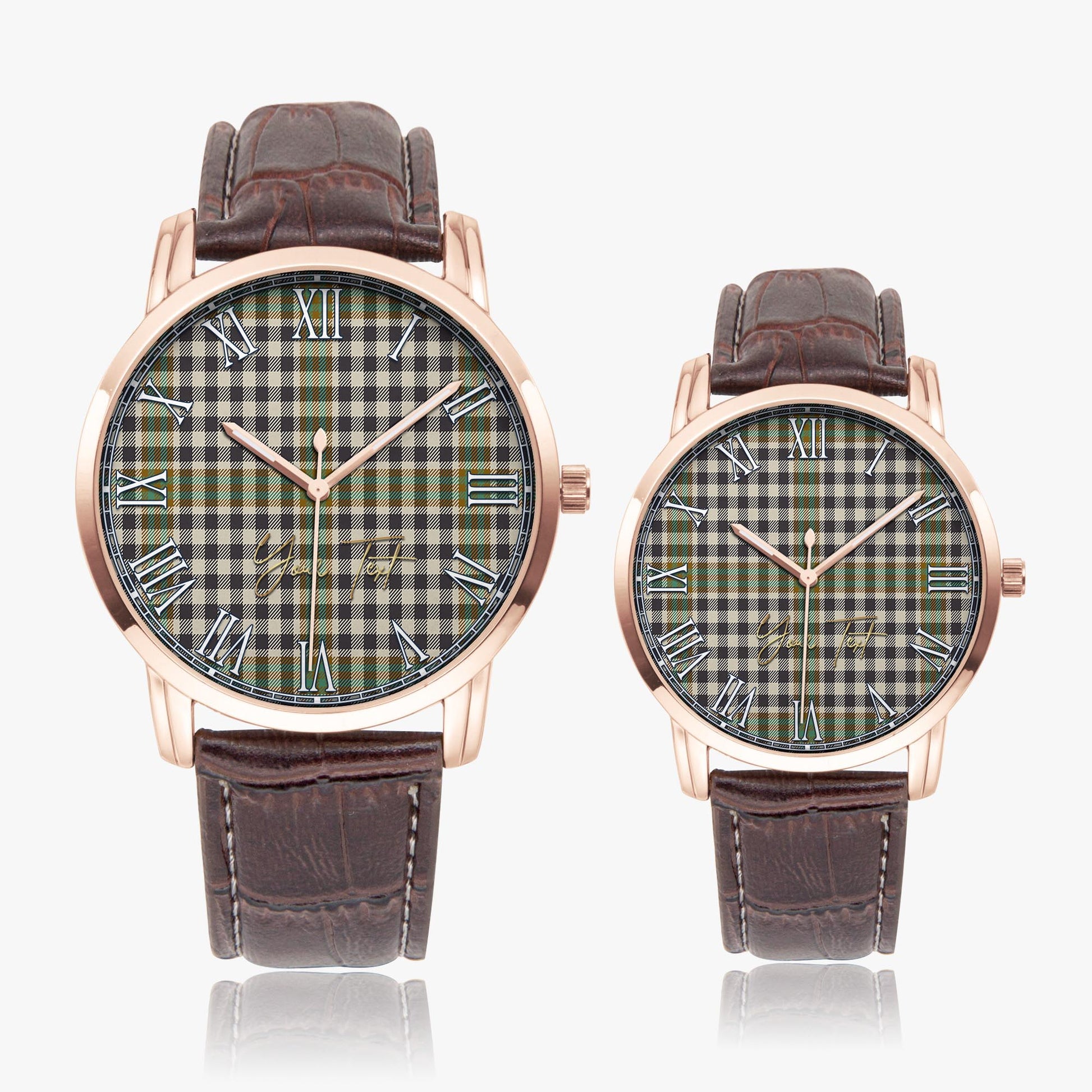 Burns Check Tartan Personalized Your Text Leather Trap Quartz Watch Wide Type Rose Gold Case With Brown Leather Strap - Tartanvibesclothing