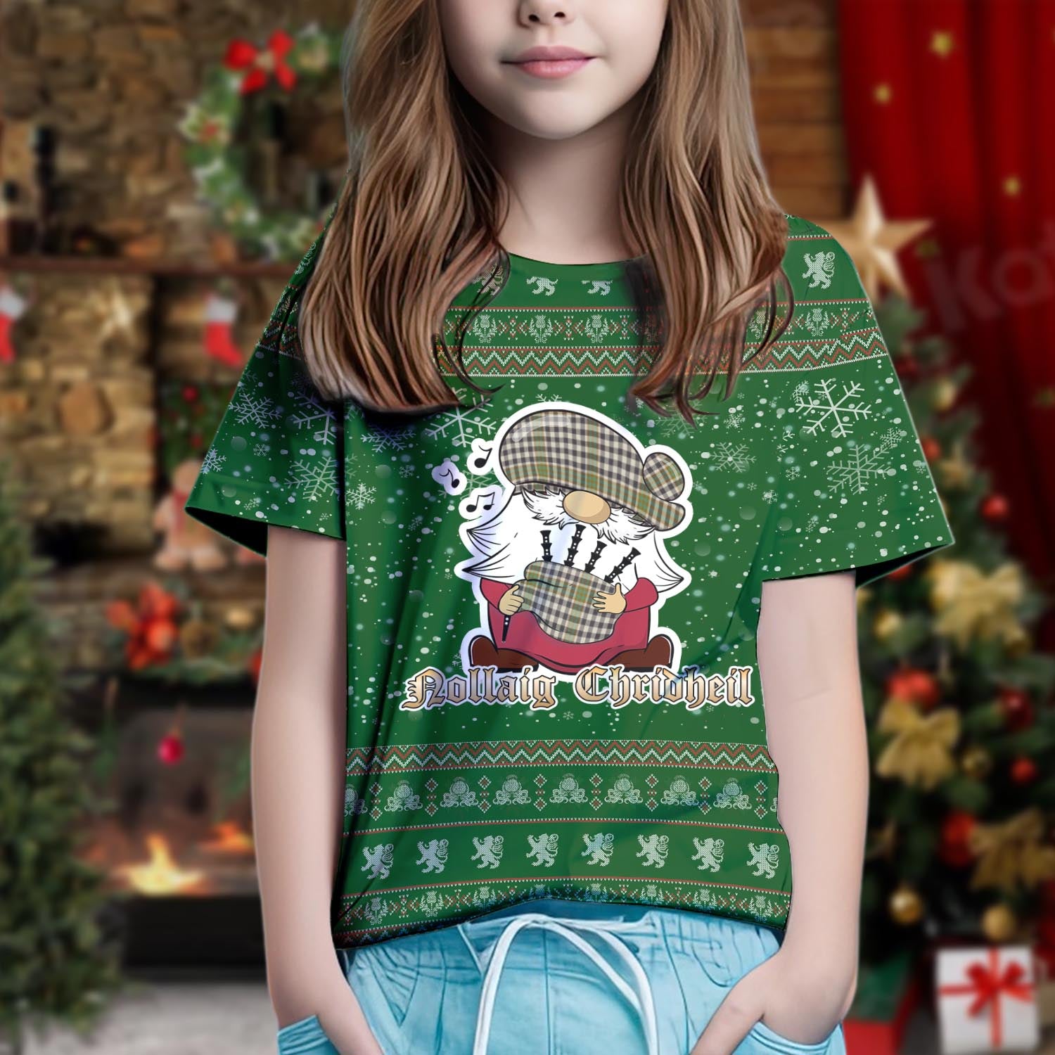 Burns Check Clan Christmas Family T-Shirt with Funny Gnome Playing Bagpipes Kid's Shirt Green - Tartanvibesclothing