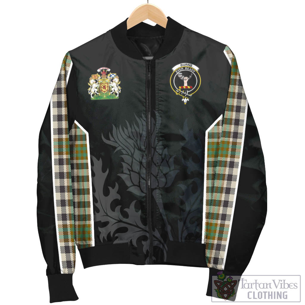 Tartan Vibes Clothing Burns Check Tartan Bomber Jacket with Family Crest and Scottish Thistle Vibes Sport Style