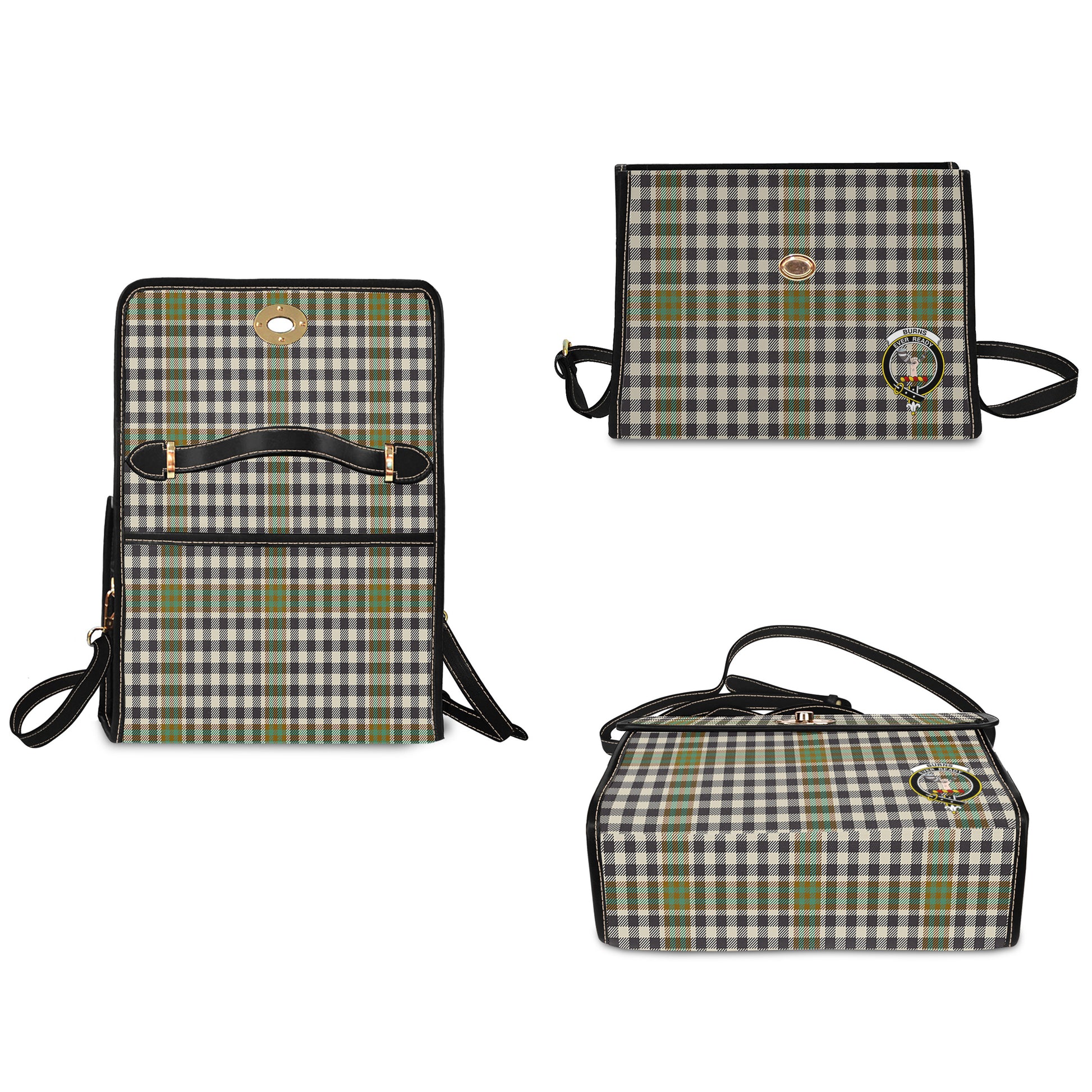 Burns Check Tartan Leather Strap Waterproof Canvas Bag with Family Crest