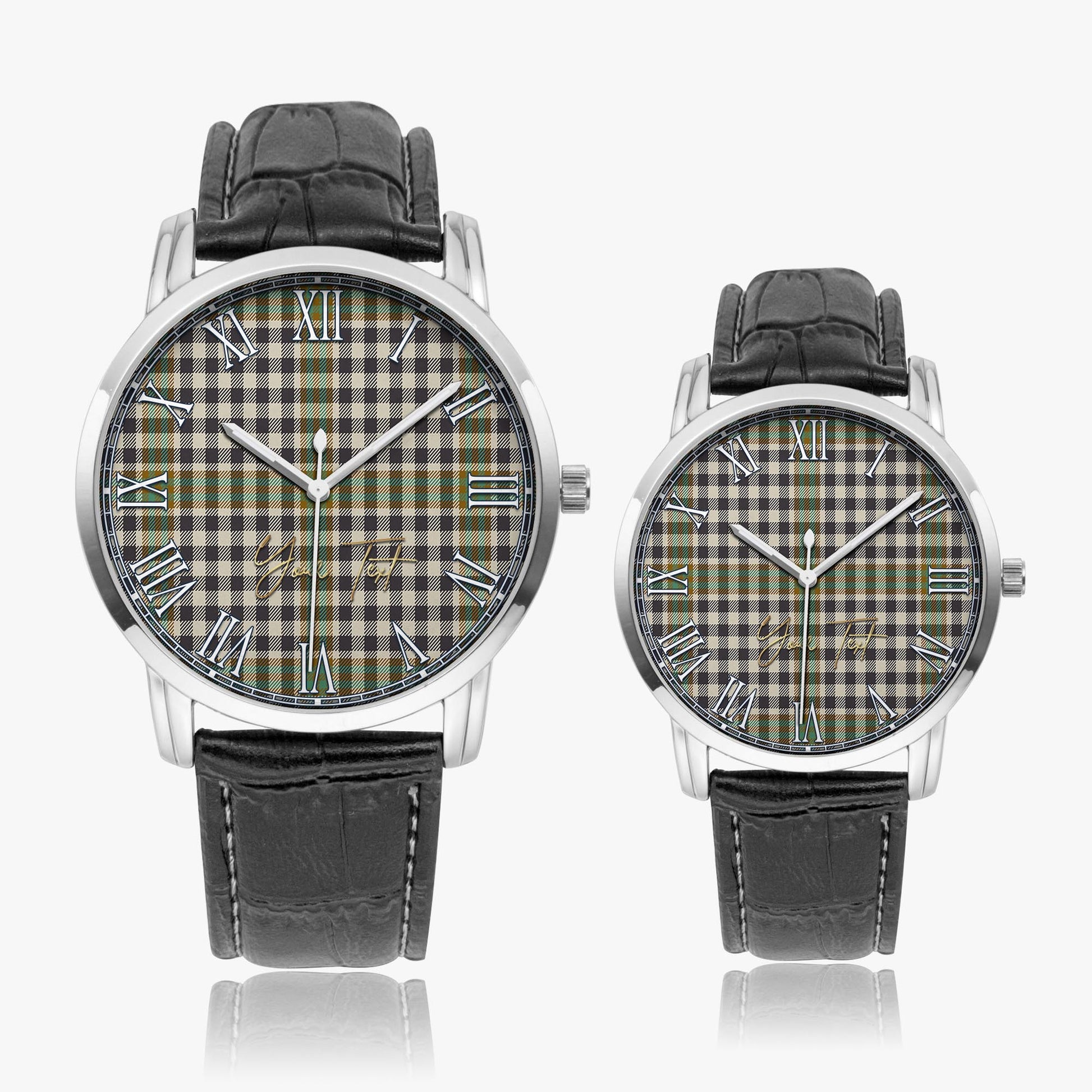 Burns Check Tartan Personalized Your Text Leather Trap Quartz Watch Wide Type Silver Case With Black Leather Strap - Tartanvibesclothing